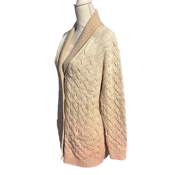 NWT Lands' End Drifter Cable-Knit Shawl Cardigan Sweater Ivory Tan Pink Medium - Picture 3 of 8